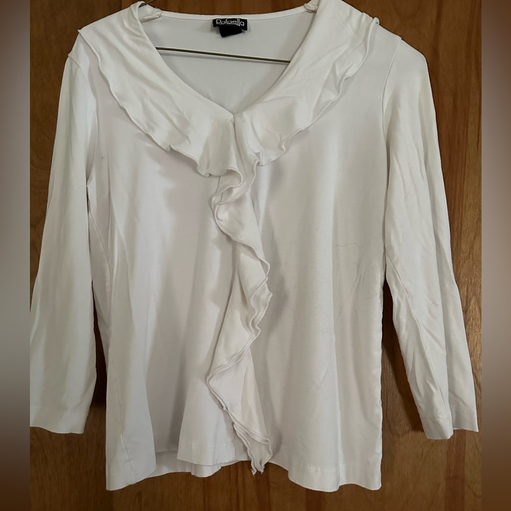 Rafaella Women’s petite white small long sleeve ruffle down top - Picture 1 of 1